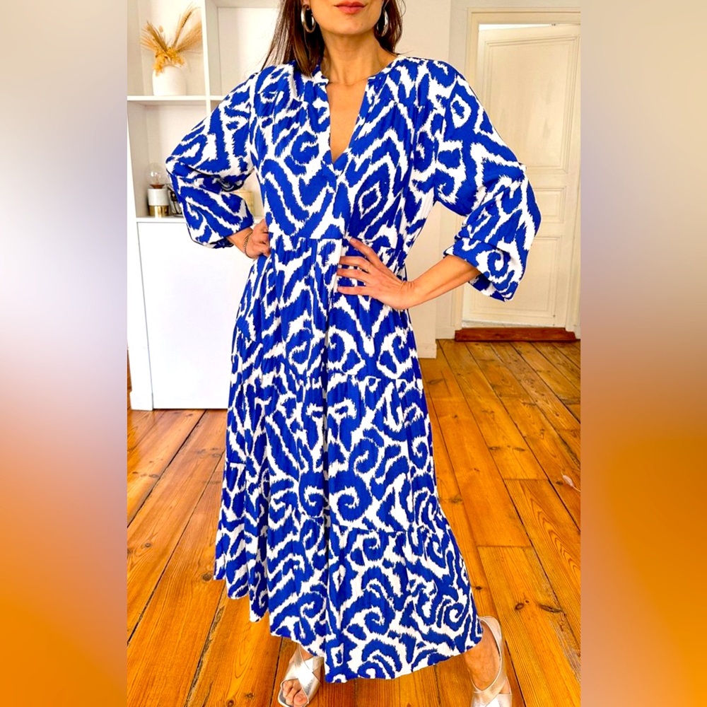 Blue Western Abstract Geometric Printed Maxi Dress NEW size S